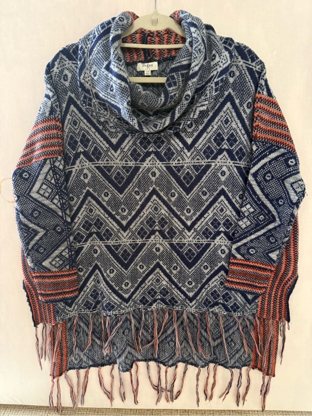 Aztec Western Fringe Poncho Sweater Cozy Cowl Neck Blue Orange Knit Cape S M